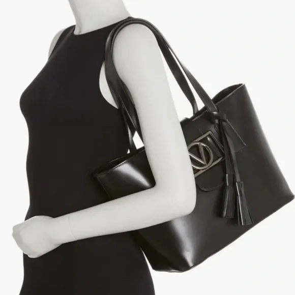 NWT Valentino By Mario Valentino Delphine Super V Leather Tote Bag Black - Picture 3 of 9
